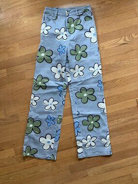 High Rise Flower Power Jeans Sz S Blue Green White WOW